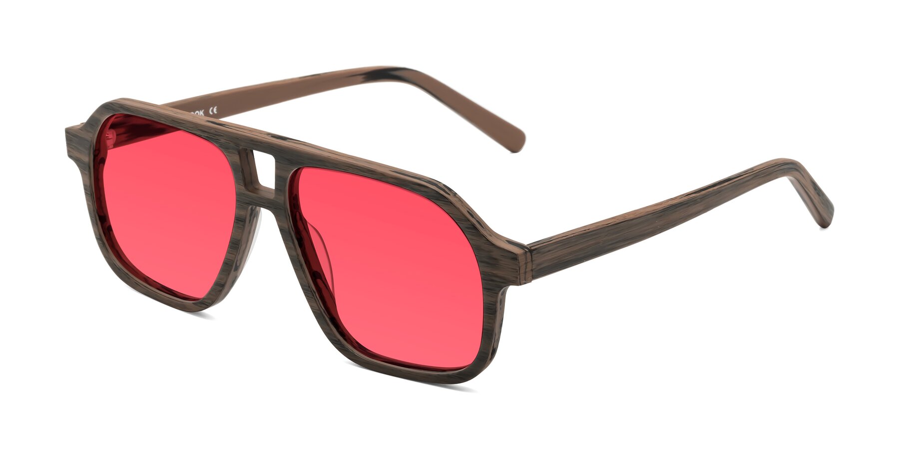 Angle of Edwood in Burnt Tan Woodgrain with Red Tinted Lenses