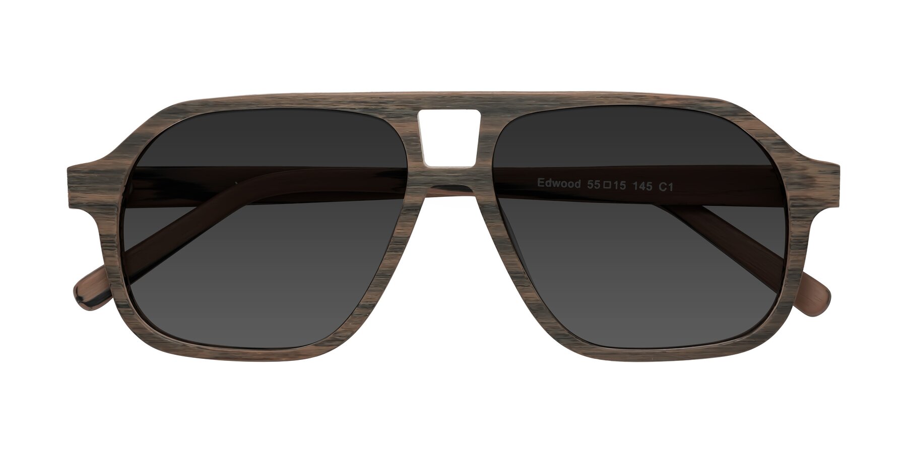 Folded Front of Edwood in Burnt Tan Woodgrain with Gray Tinted Lenses