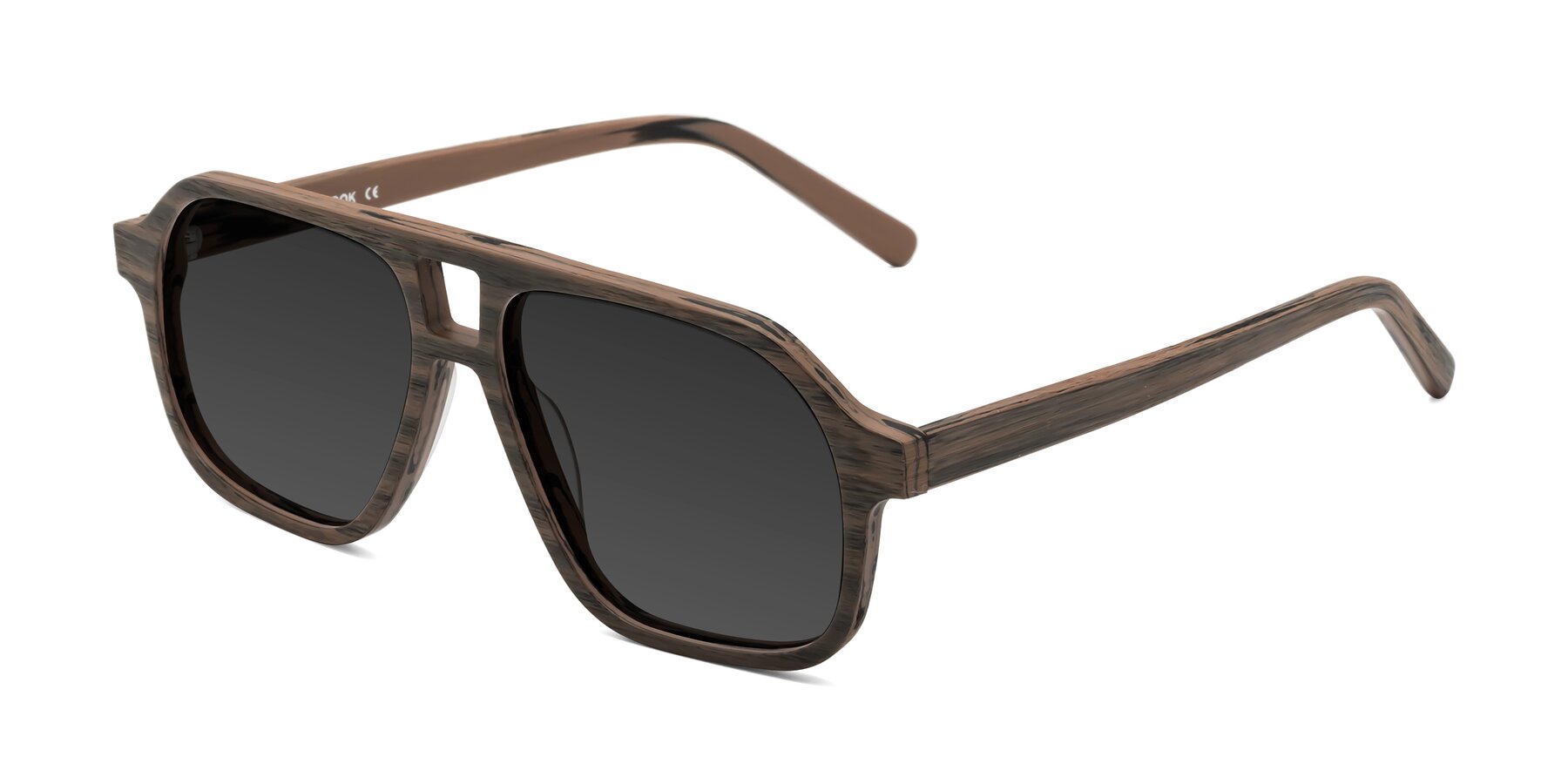 Angle of Edwood in Burnt Tan Woodgrain with Gray Tinted Lenses