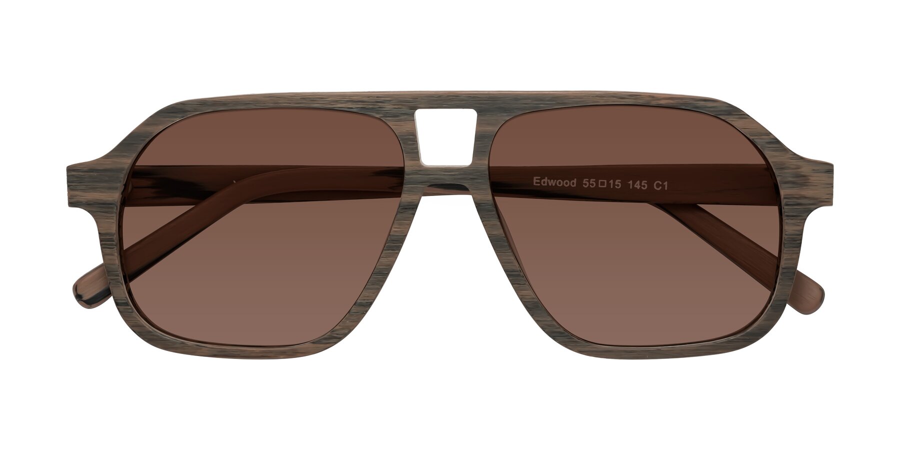 Folded Front of Edwood in Burnt Tan Woodgrain with Brown Tinted Lenses