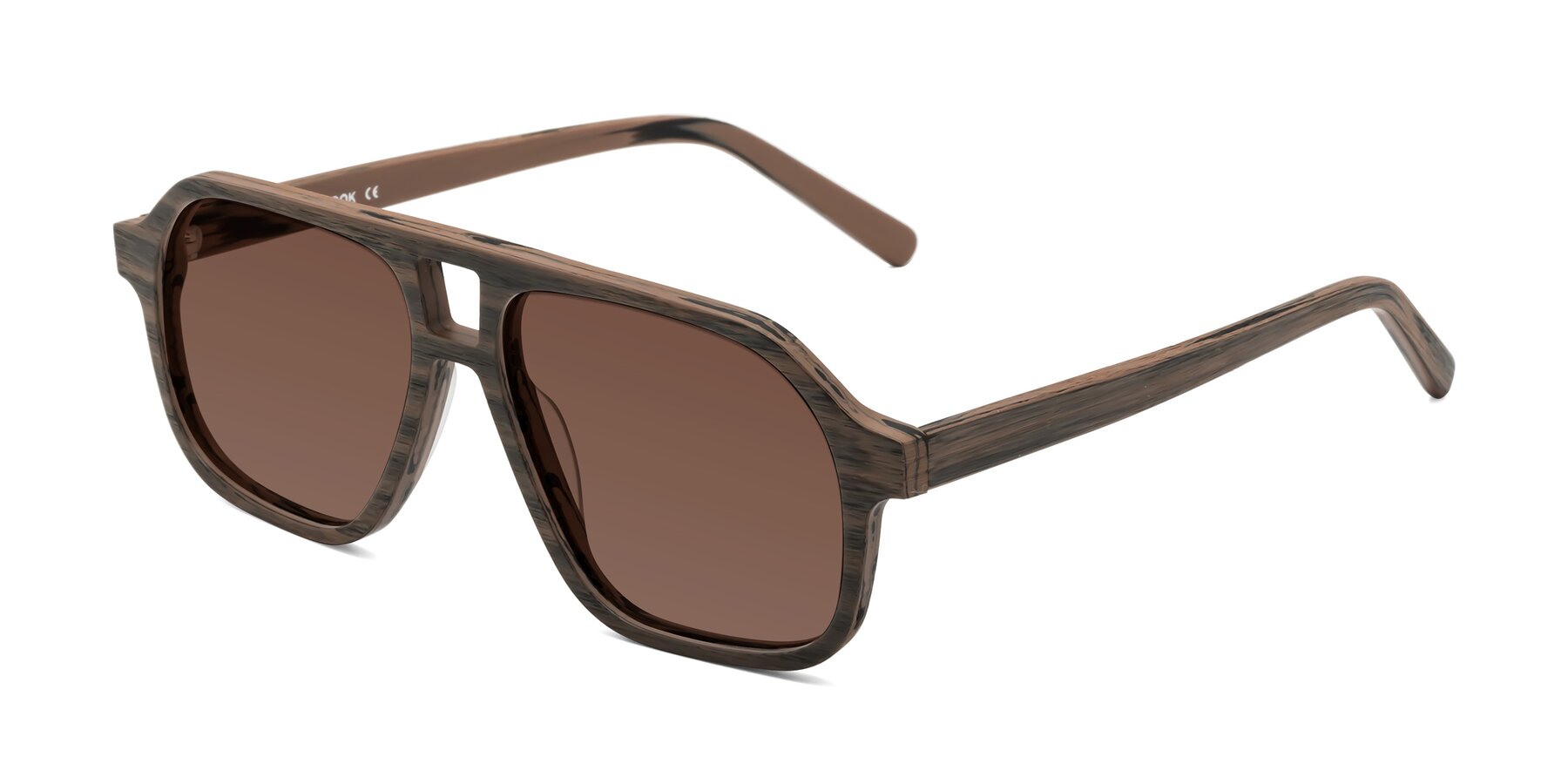 Angle of Edwood in Burnt Tan Woodgrain with Brown Tinted Lenses