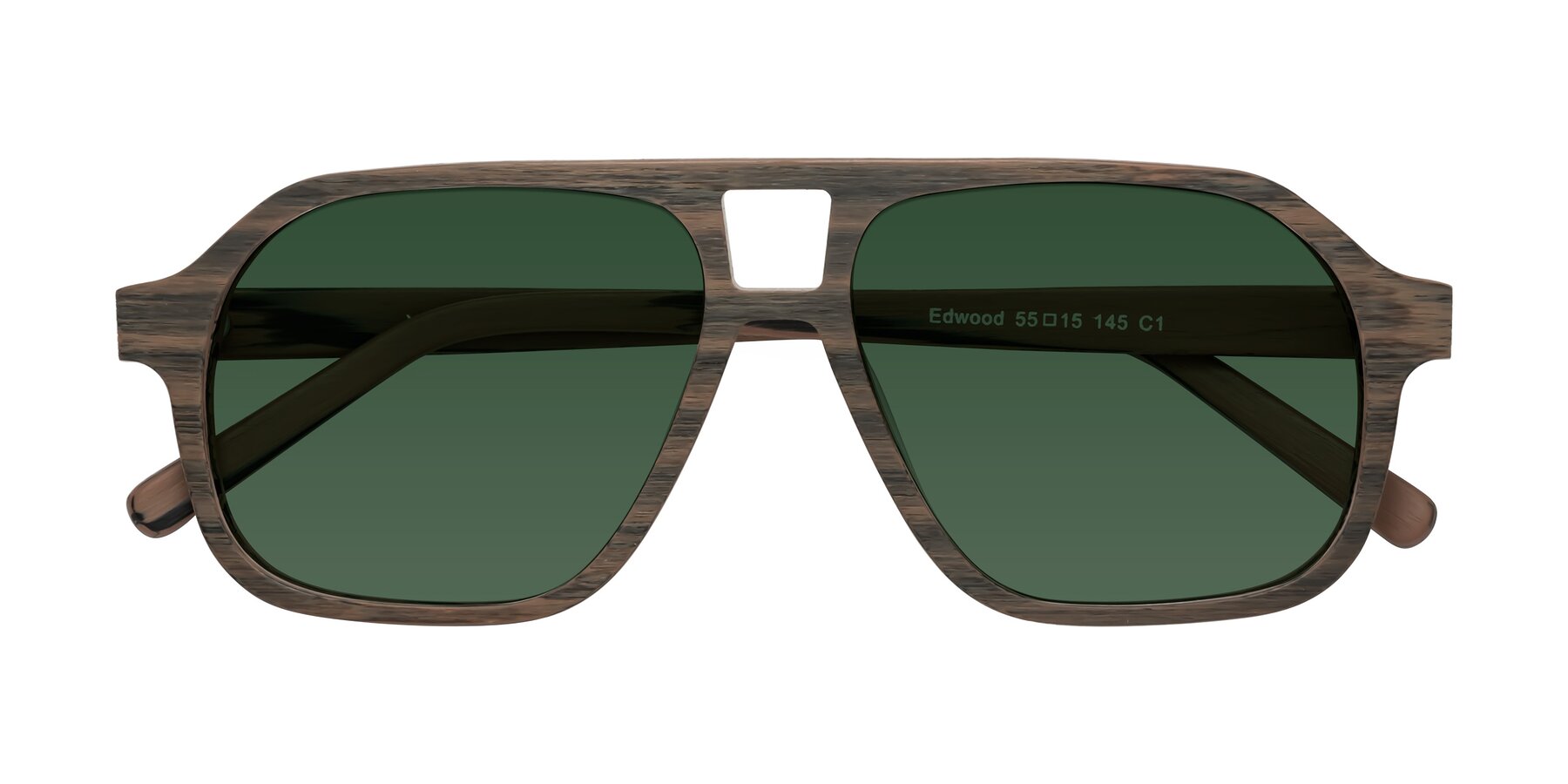 Folded Front of Edwood in Burnt Tan Woodgrain with Green Tinted Lenses