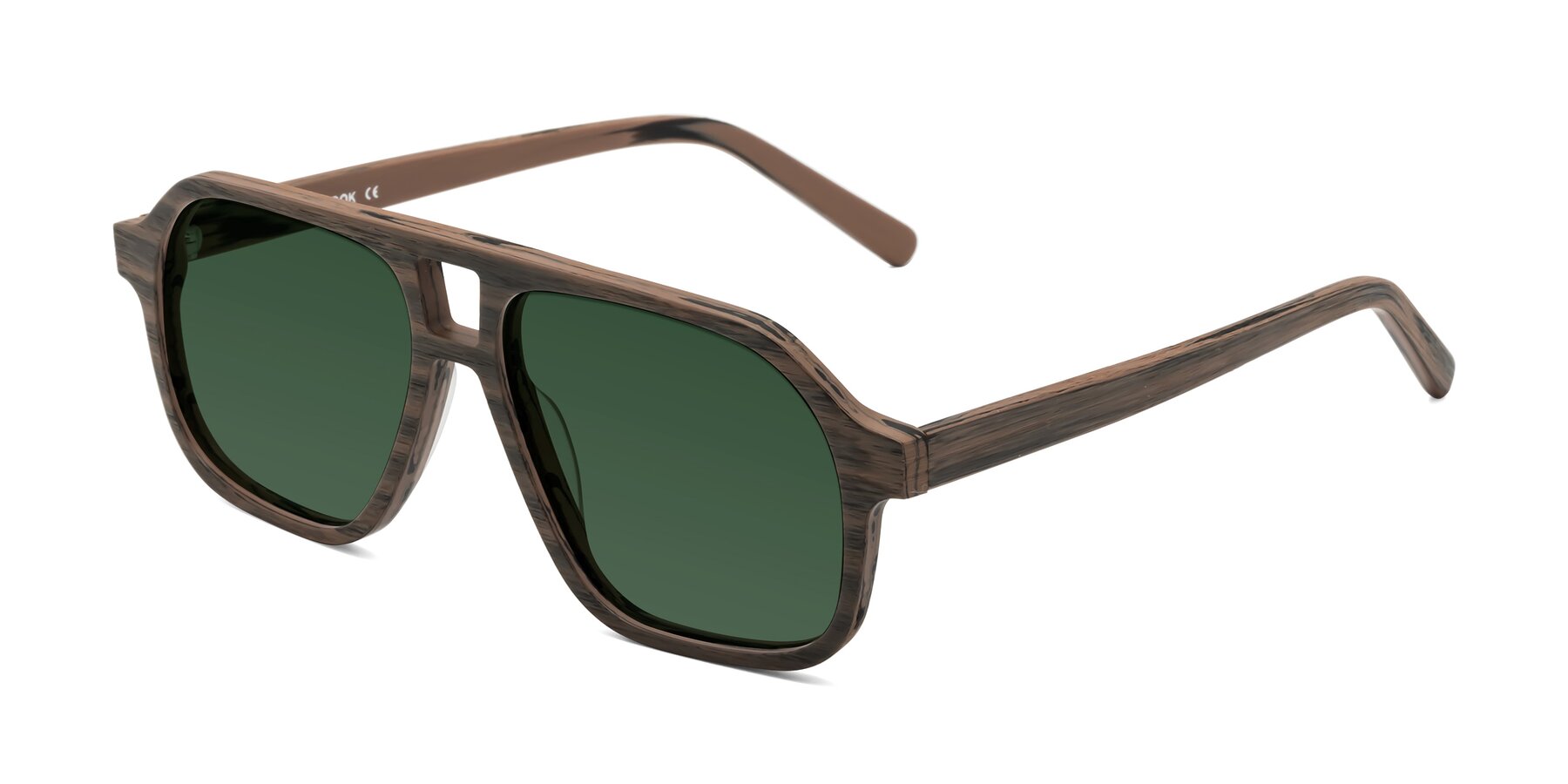 Angle of Edwood in Burnt Tan Woodgrain with Green Tinted Lenses