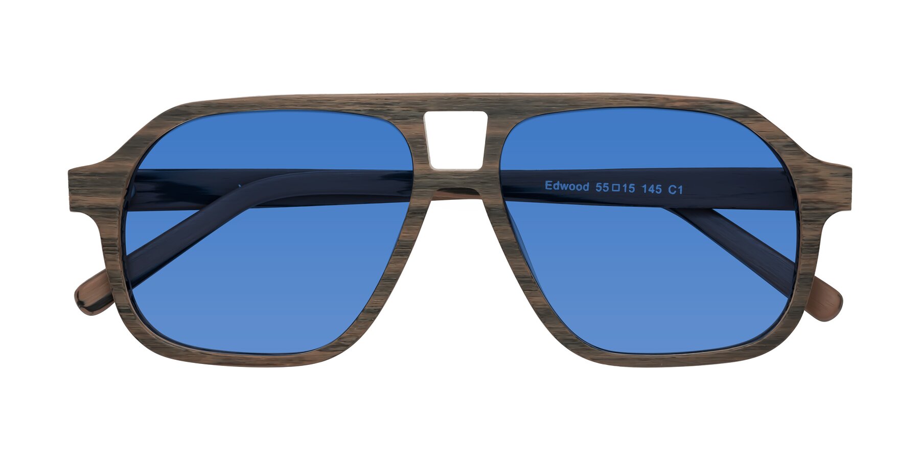 Folded Front of Edwood in Burnt Tan Woodgrain with Blue Tinted Lenses