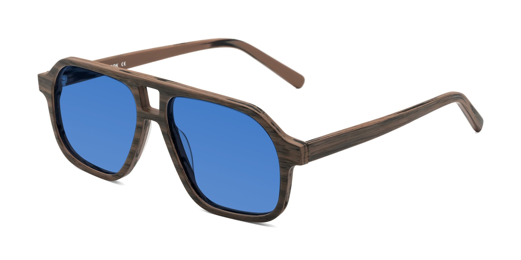 Angle of Edwood in Burnt Tan Woodgrain with Blue Tinted Lenses