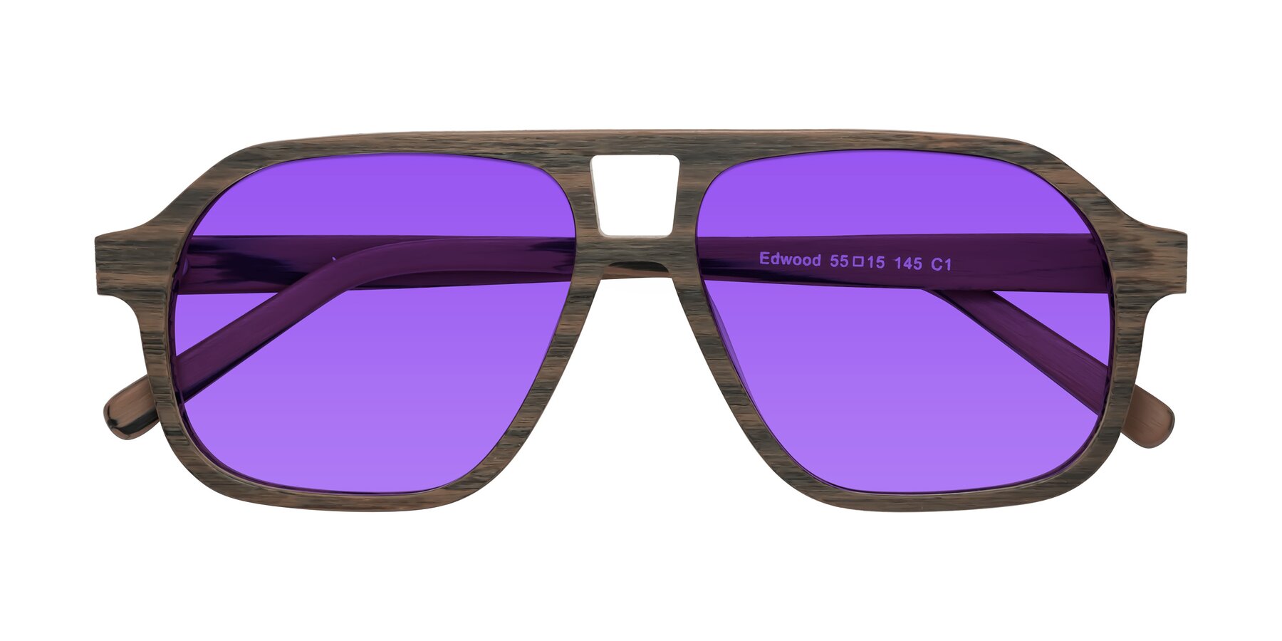 Folded Front of Edwood in Burnt Tan Woodgrain with Purple Tinted Lenses