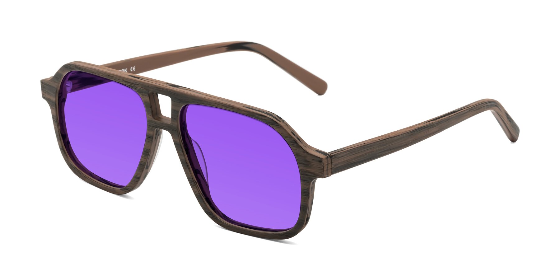 Angle of Edwood in Burnt Tan Woodgrain with Purple Tinted Lenses