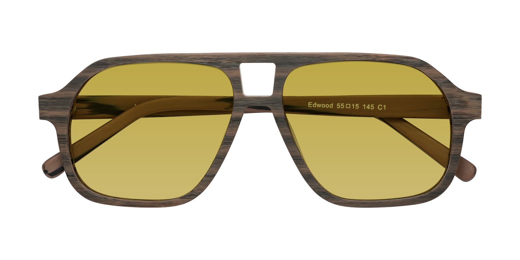 Folded Front of Edwood in Burnt Tan Woodgrain with Champagne Tinted Lenses