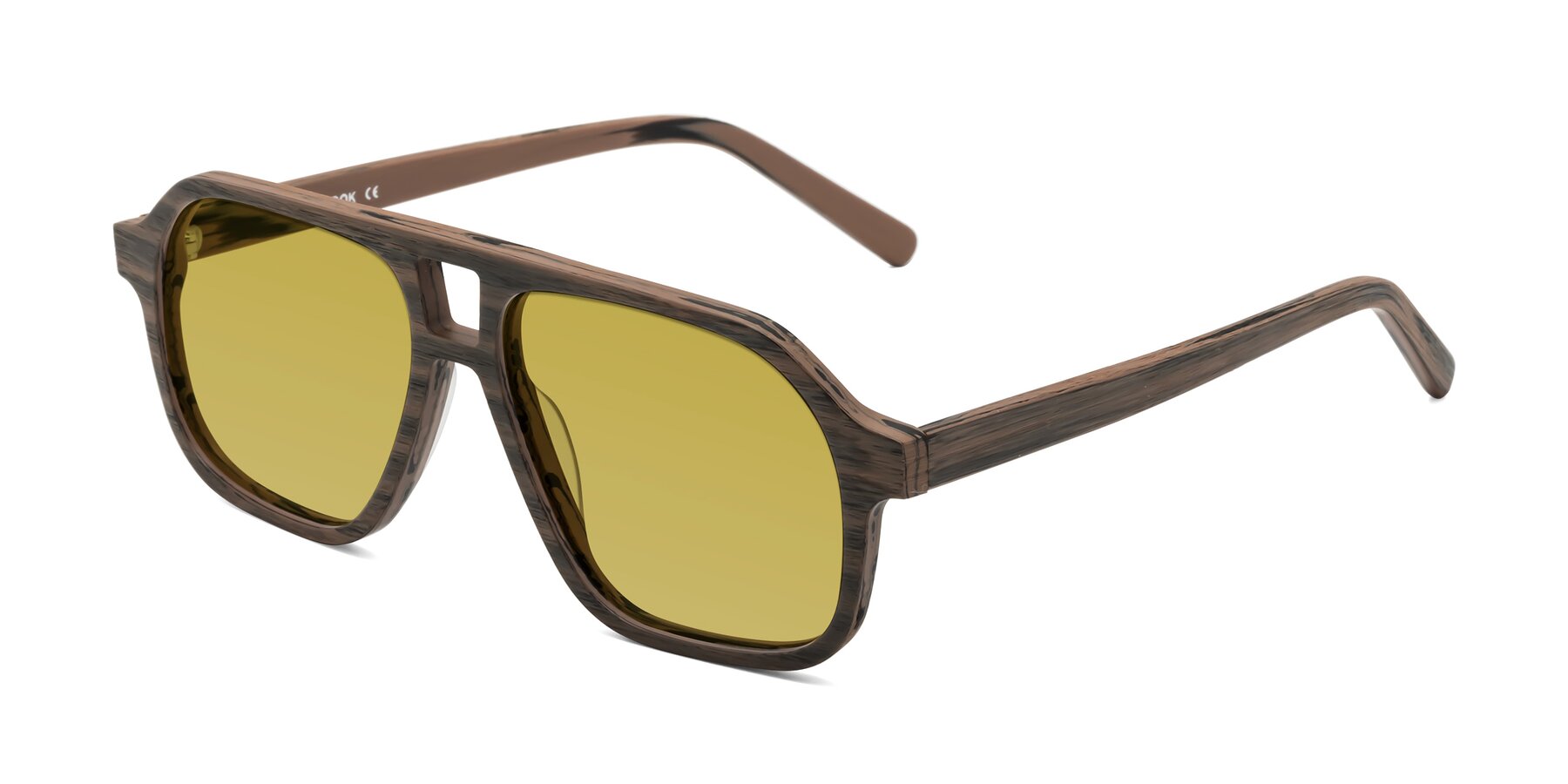 Angle of Edwood in Burnt Tan Woodgrain with Champagne Tinted Lenses