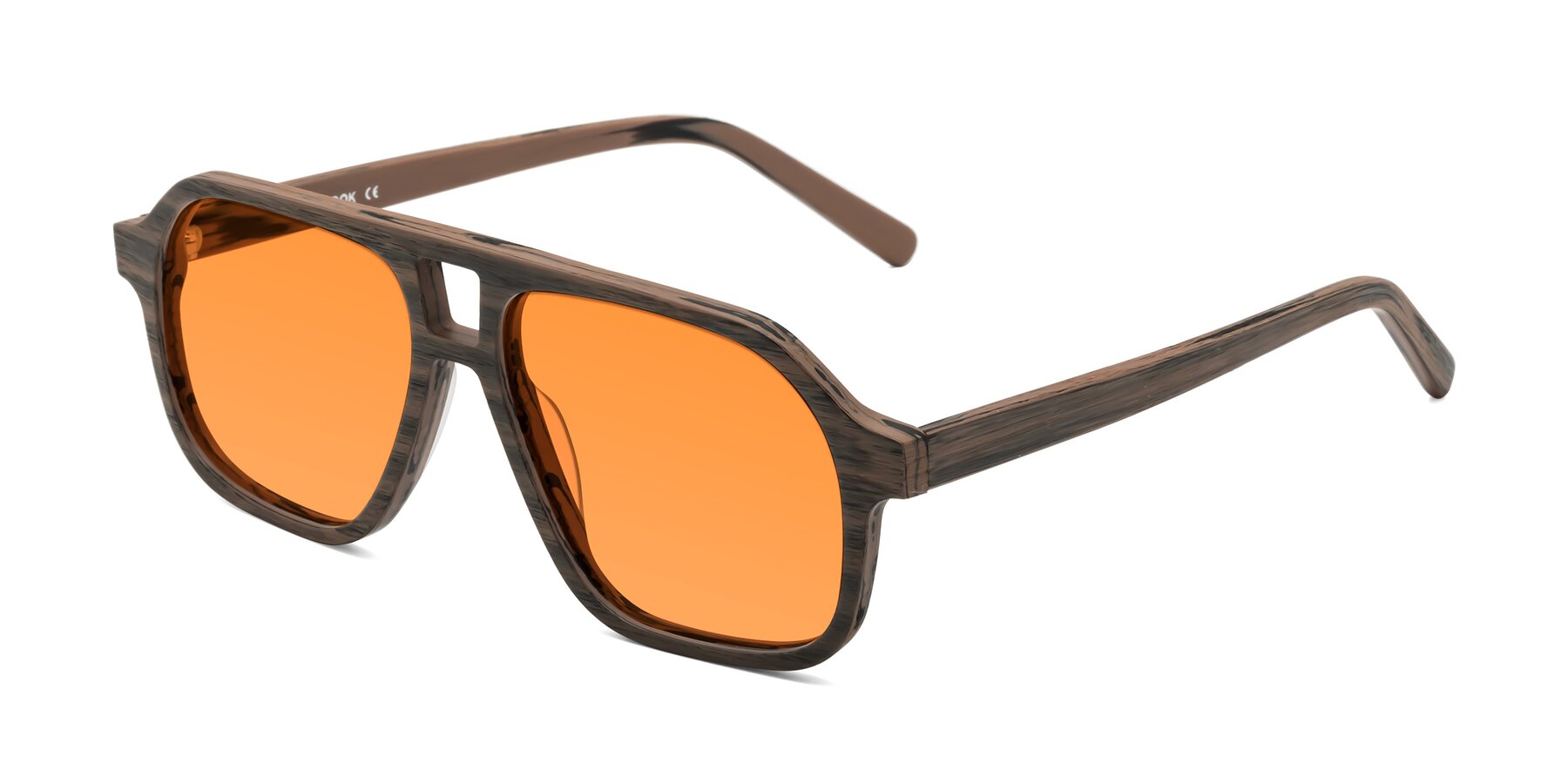 Angle of Edwood in Burnt Tan Woodgrain with Orange Tinted Lenses