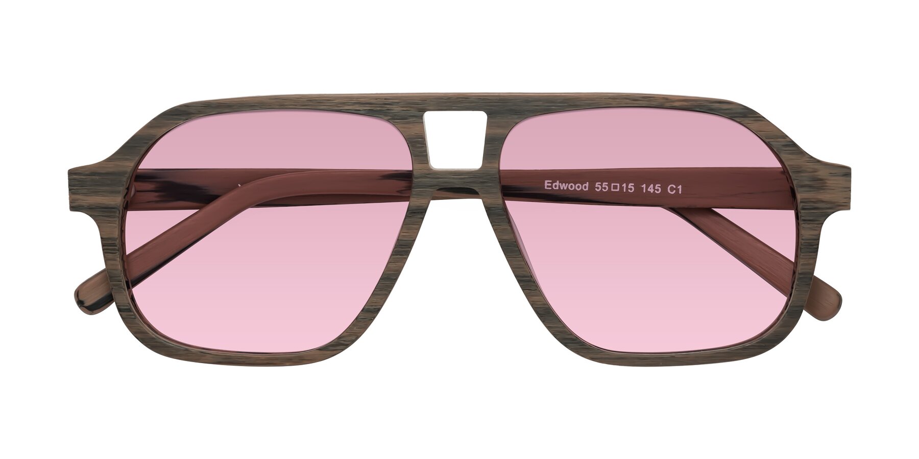 Folded Front of Edwood in Burnt Tan Woodgrain with Light Wine Tinted Lenses