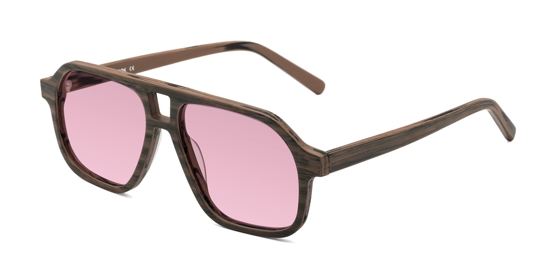 Angle of Edwood in Burnt Tan Woodgrain with Light Wine Tinted Lenses