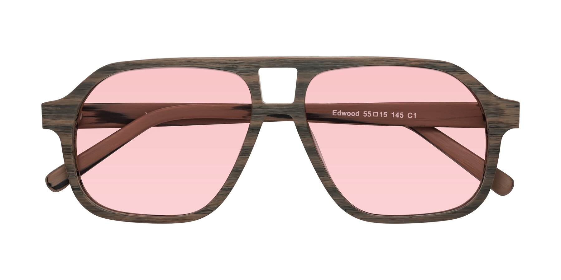 Folded Front of Edwood in Burnt Tan Woodgrain with Light Garnet Tinted Lenses