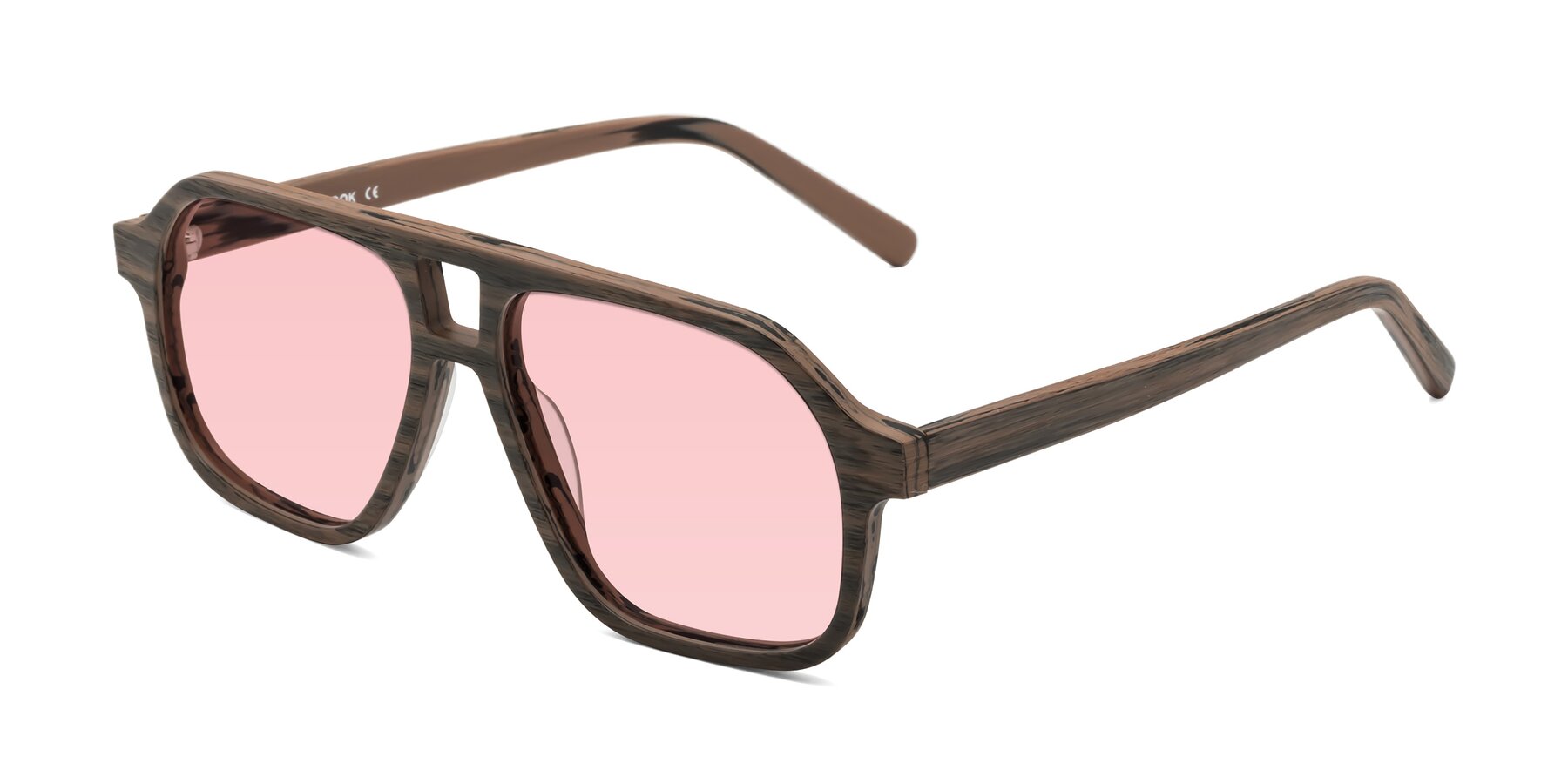 Angle of Edwood in Burnt Tan Woodgrain with Light Garnet Tinted Lenses