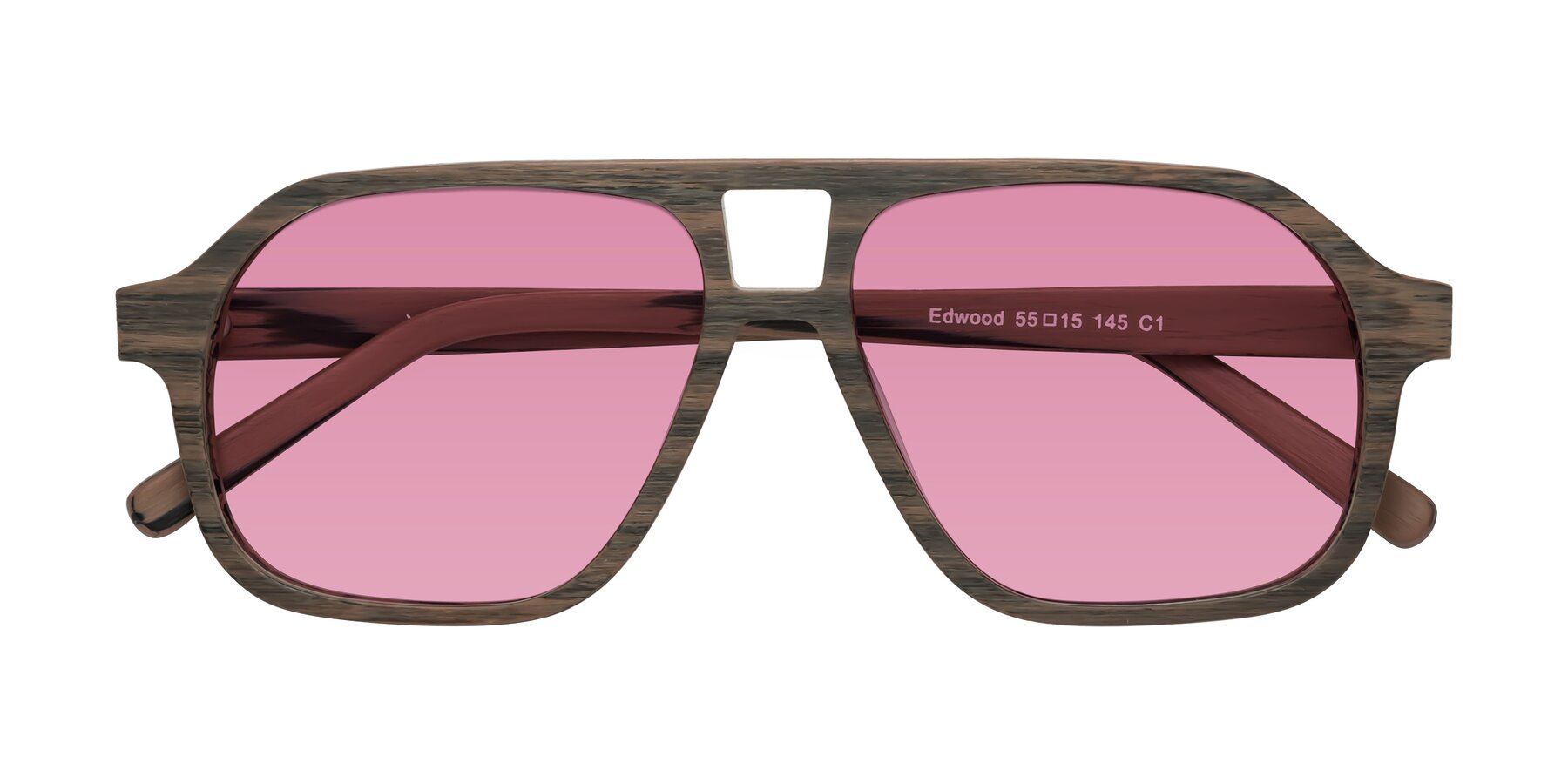 Folded Front of Edwood in Burnt Tan Woodgrain with Medium Wine Tinted Lenses