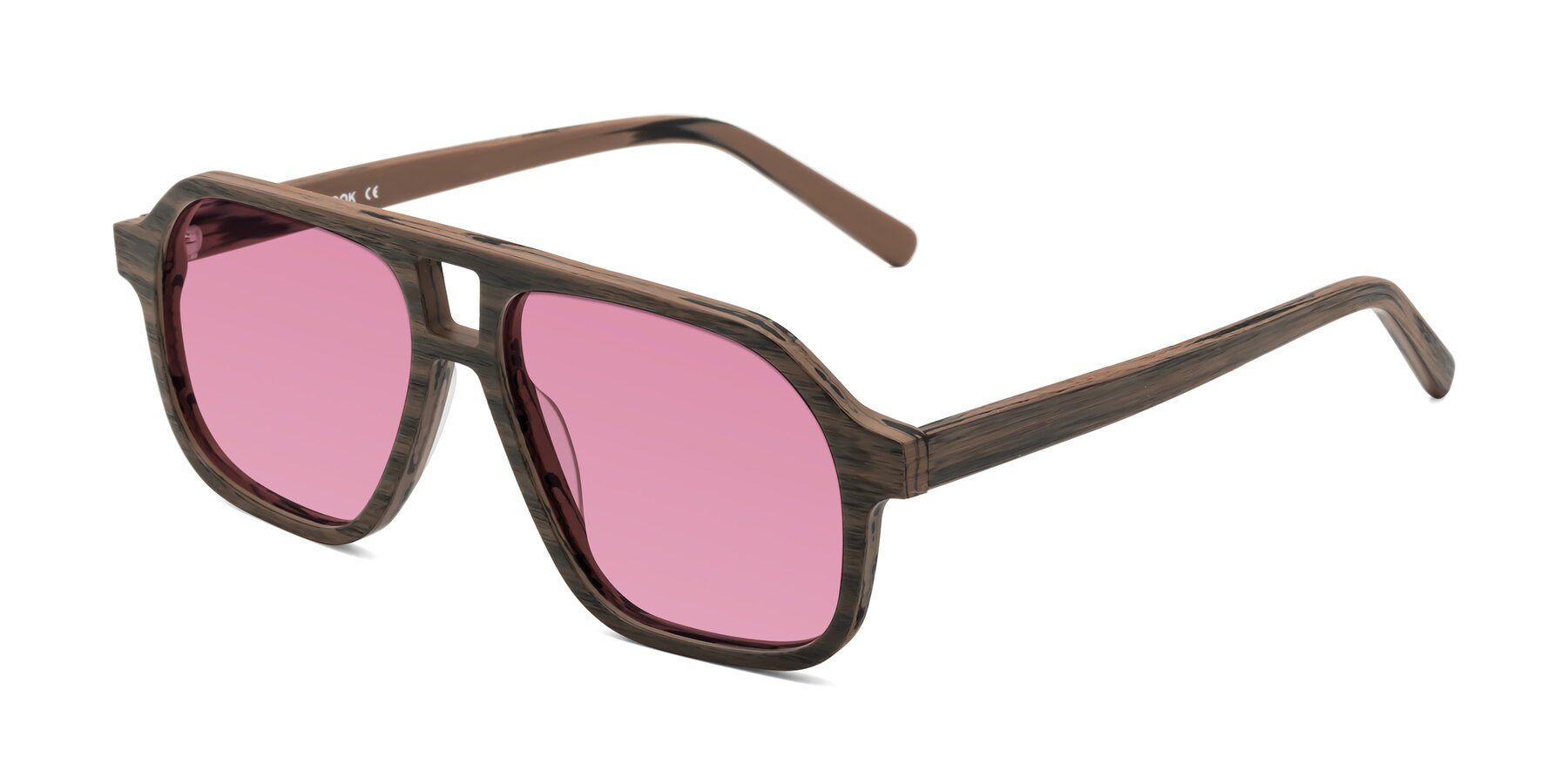 Angle of Edwood in Burnt Tan Woodgrain with Medium Wine Tinted Lenses