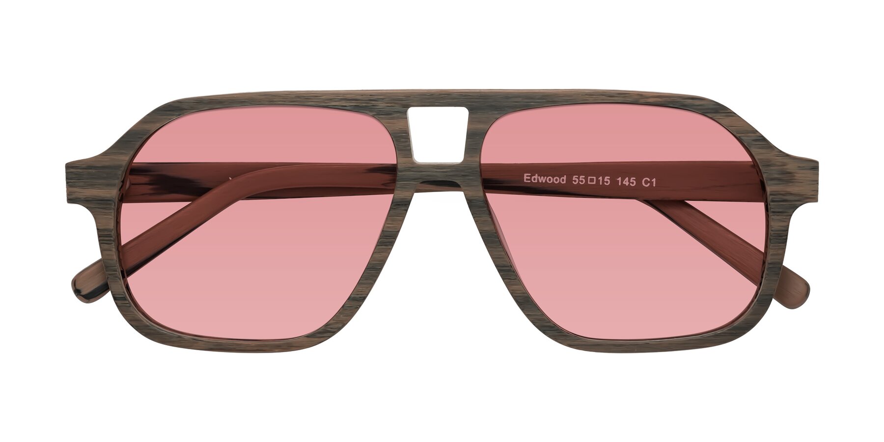 Folded Front of Edwood in Burnt Tan Woodgrain with Medium Garnet Tinted Lenses