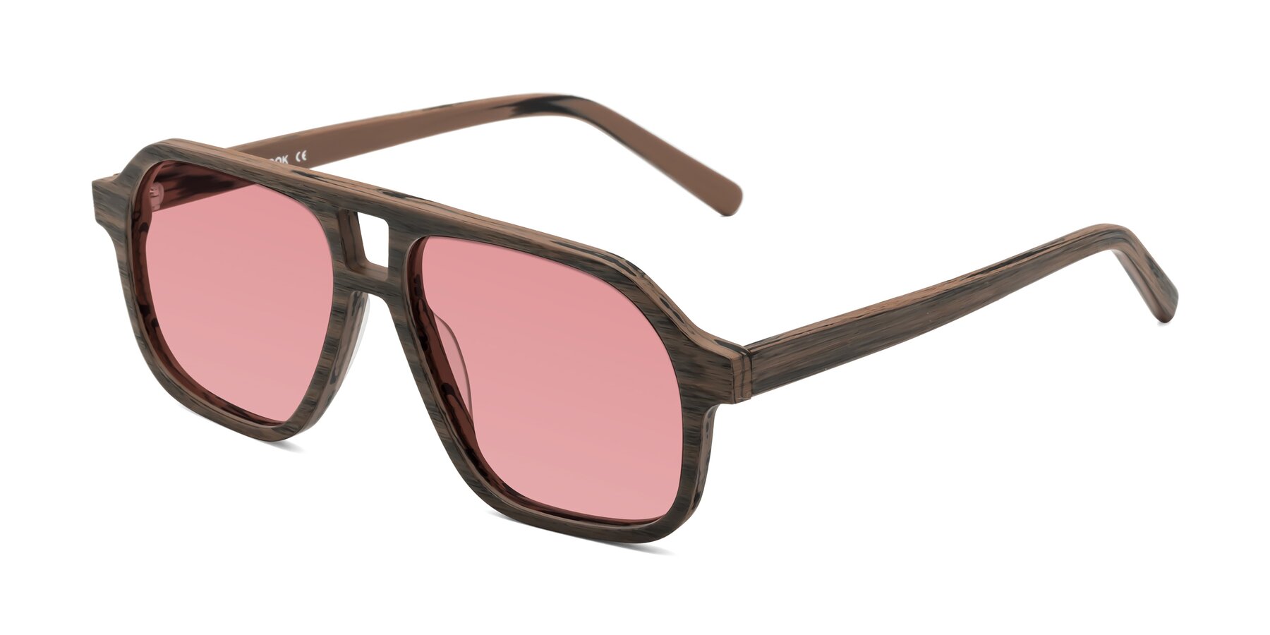 Angle of Edwood in Burnt Tan Woodgrain with Medium Garnet Tinted Lenses