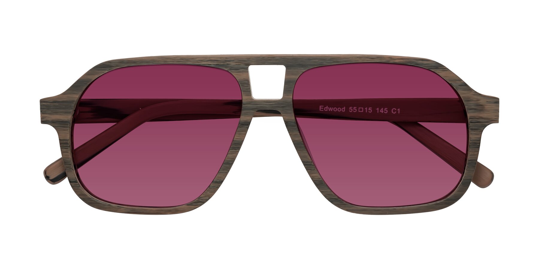 Folded Front of Edwood in Burnt Tan Woodgrain with Wine Tinted Lenses