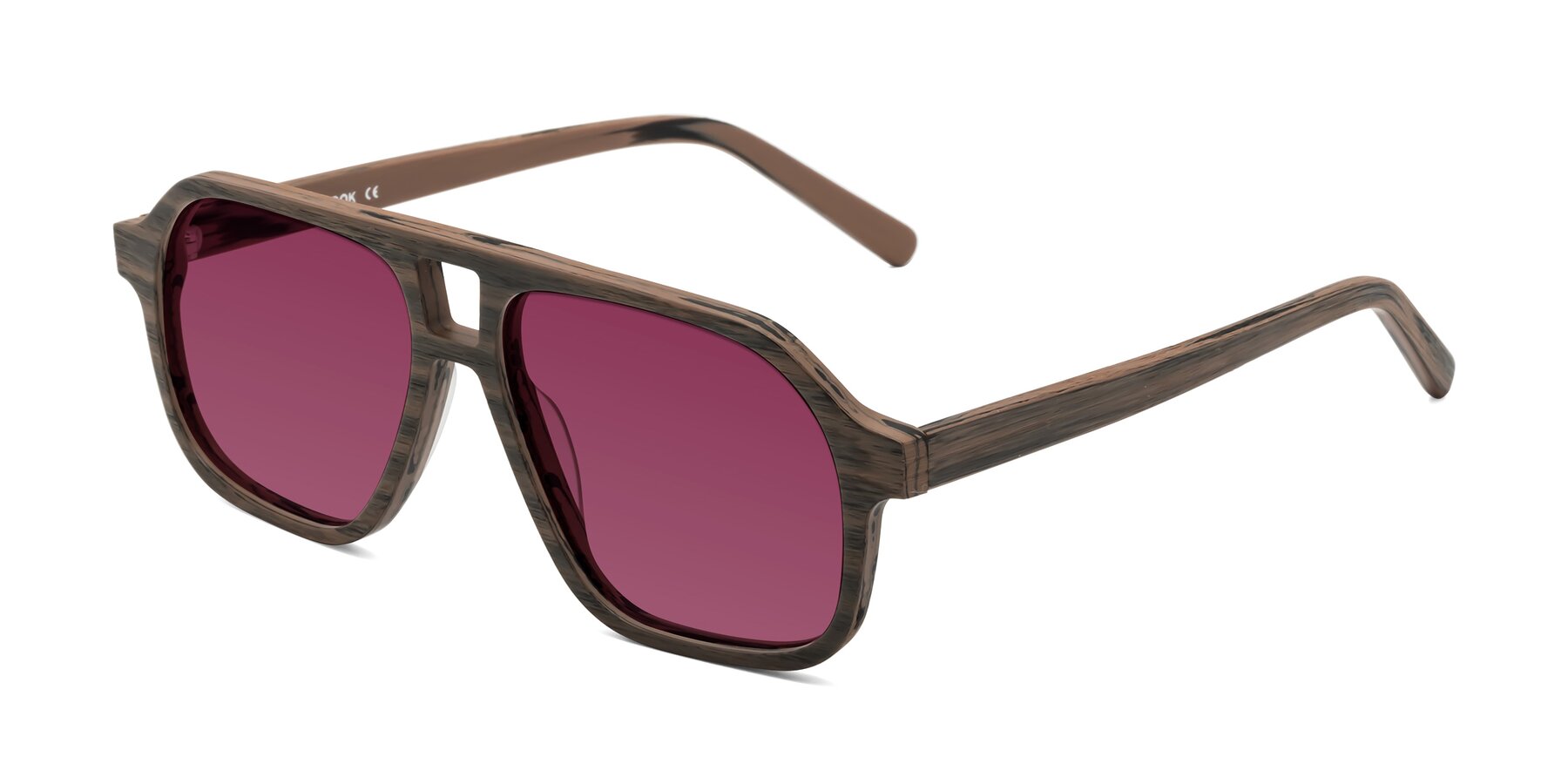 Angle of Edwood in Burnt Tan Woodgrain with Wine Tinted Lenses