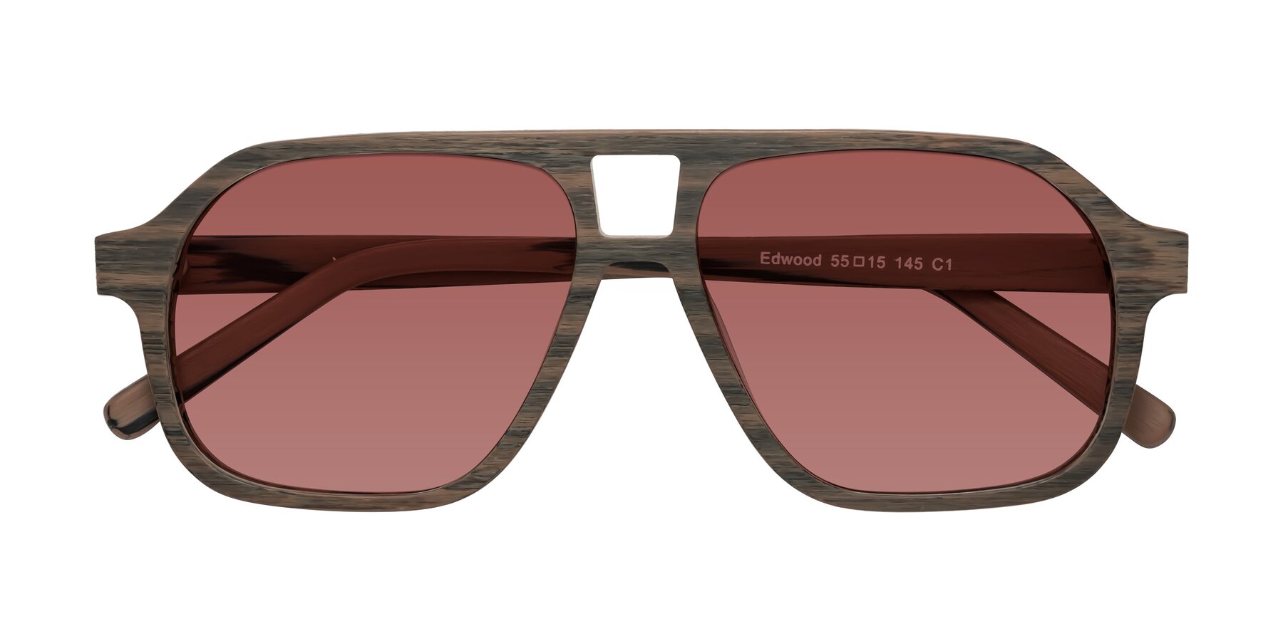 Folded Front of Edwood in Burnt Tan Woodgrain with Garnet Tinted Lenses