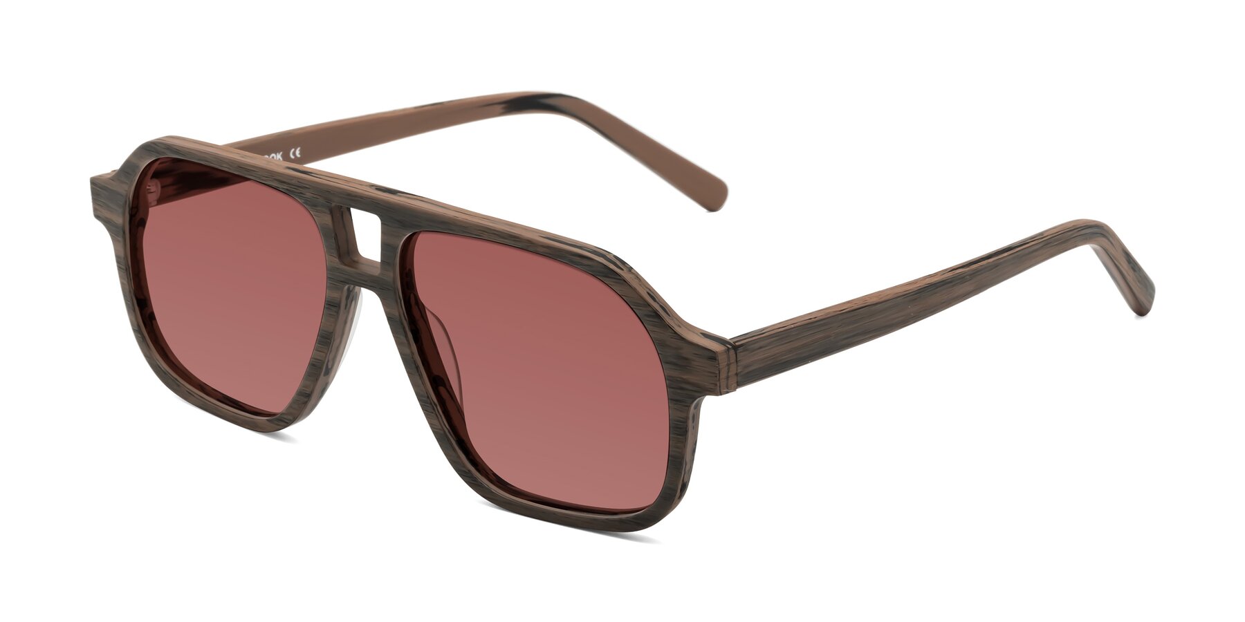 Angle of Edwood in Burnt Tan Woodgrain with Garnet Tinted Lenses