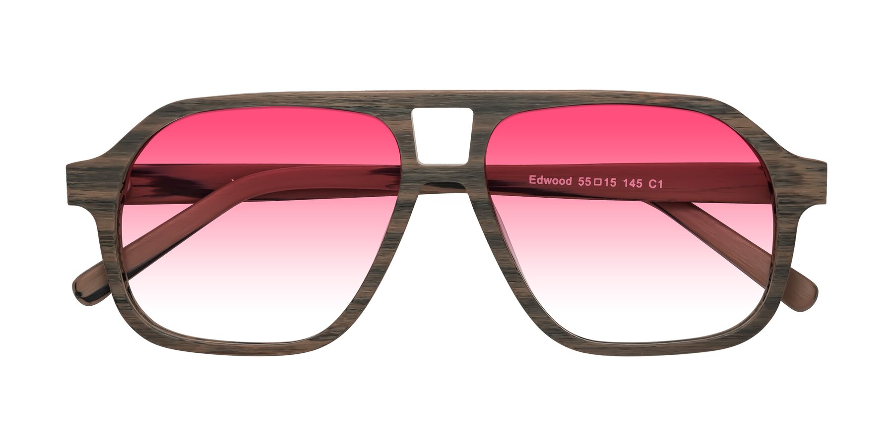 Folded Front of Edwood in Burnt Tan Woodgrain with Pink Gradient Lenses