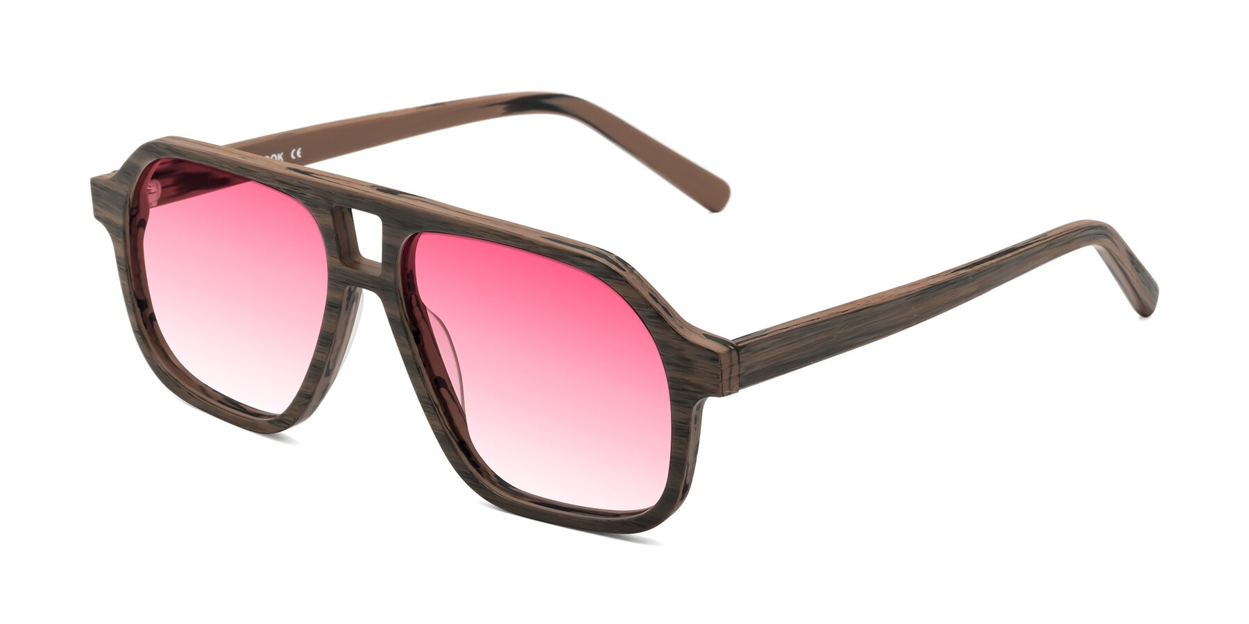 Angle of Edwood in Burnt Tan Woodgrain with Pink Gradient Lenses