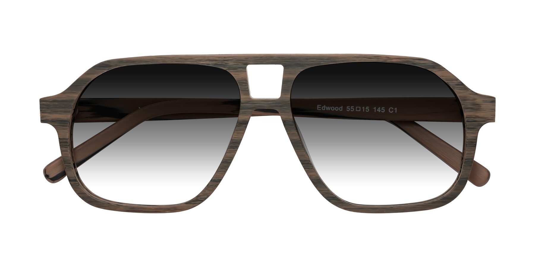 Folded Front of Edwood in Burnt Tan Woodgrain with Gray Gradient Lenses