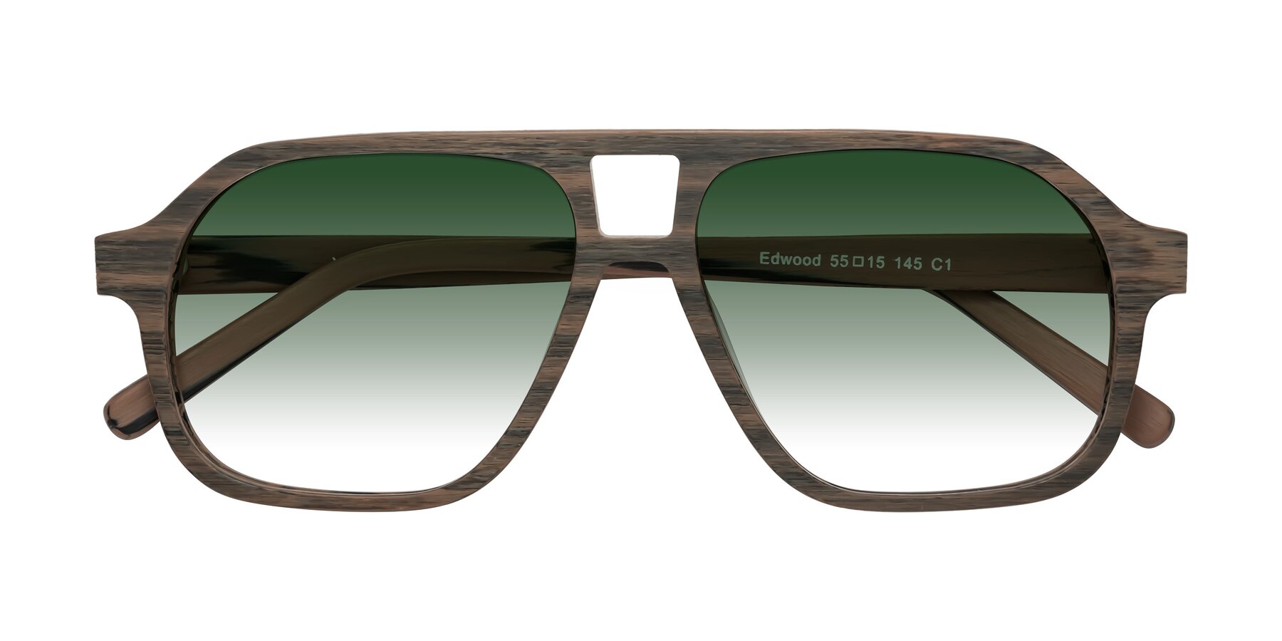 Folded Front of Edwood in Burnt Tan Woodgrain with Green Gradient Lenses