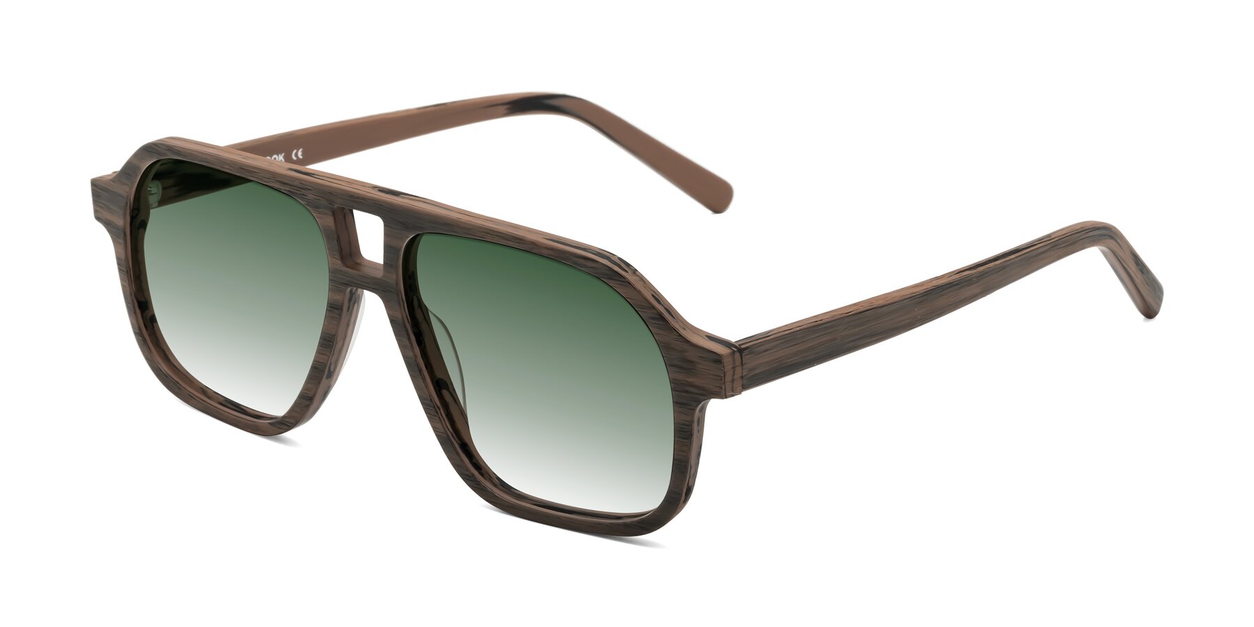 Angle of Edwood in Burnt Tan Woodgrain with Green Gradient Lenses