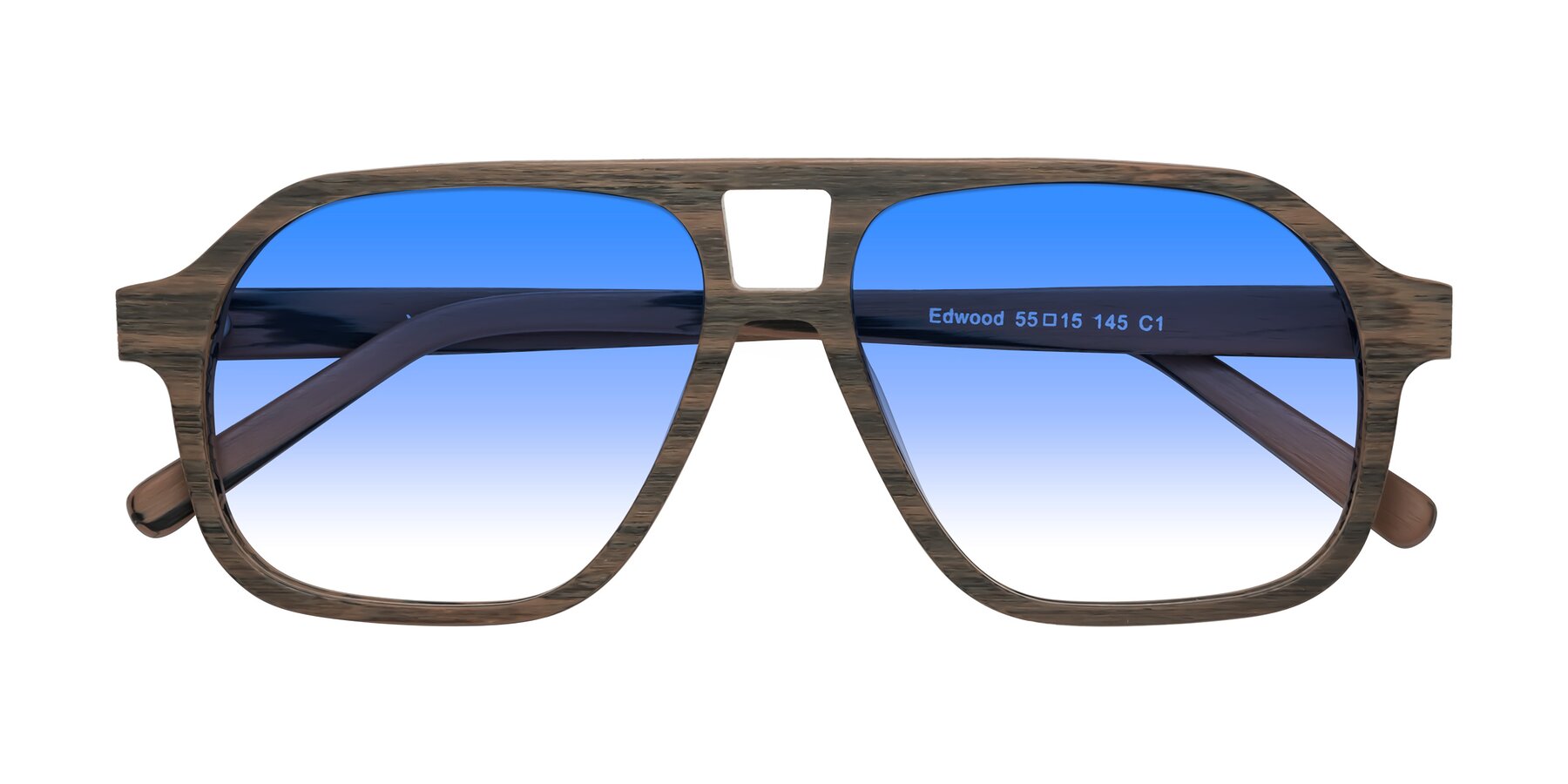 Folded Front of Edwood in Burnt Tan Woodgrain with Blue Gradient Lenses