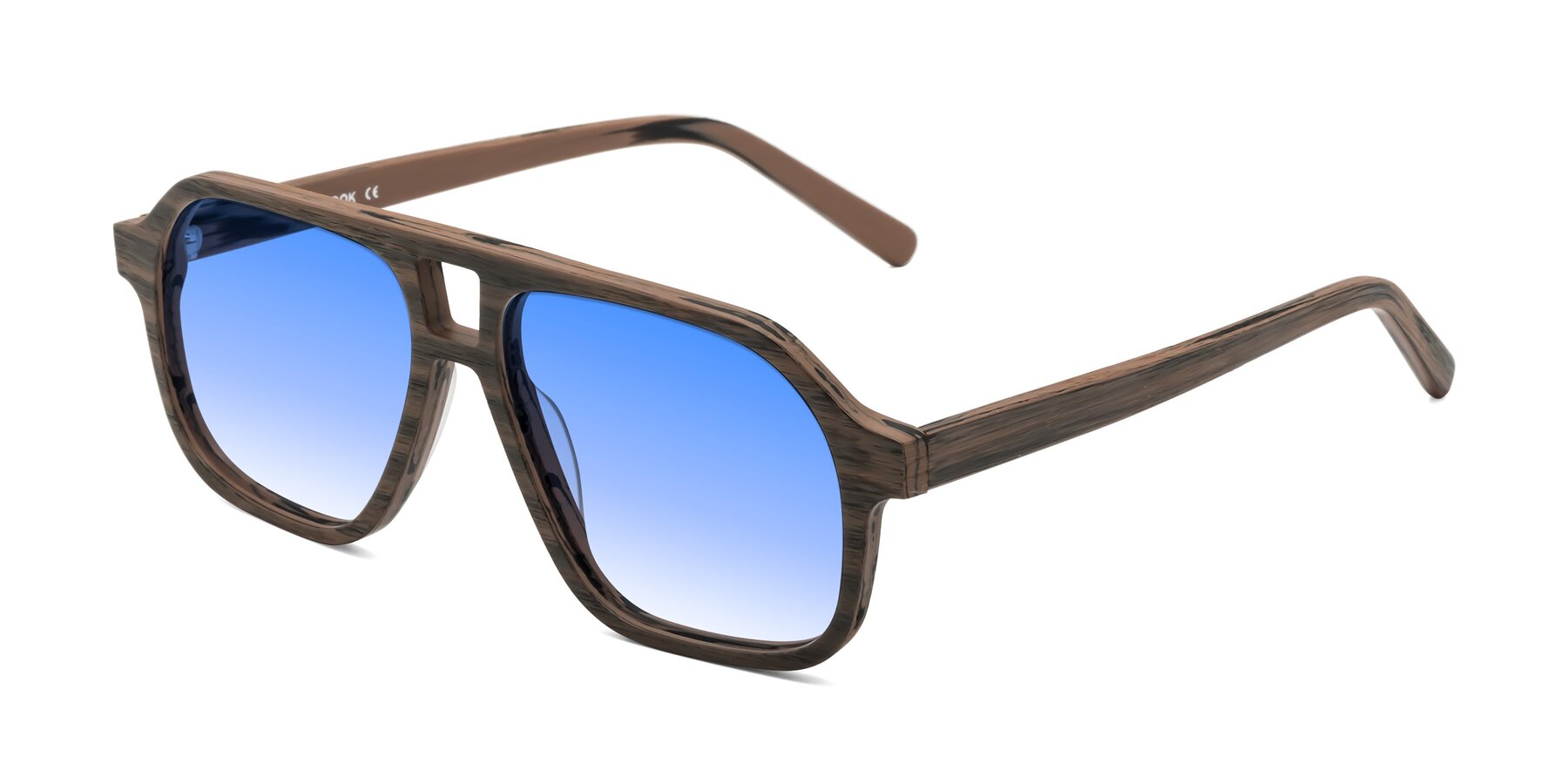 Angle of Edwood in Burnt Tan Woodgrain with Blue Gradient Lenses