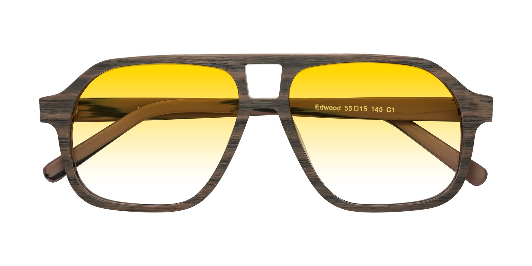 Folded Front of Edwood in Burnt Tan Woodgrain with Yellow Gradient Lenses