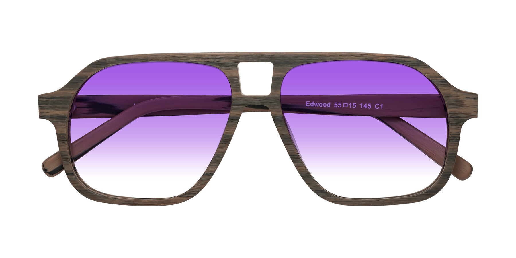 Folded Front of Edwood in Burnt Tan Woodgrain with Purple Gradient Lenses