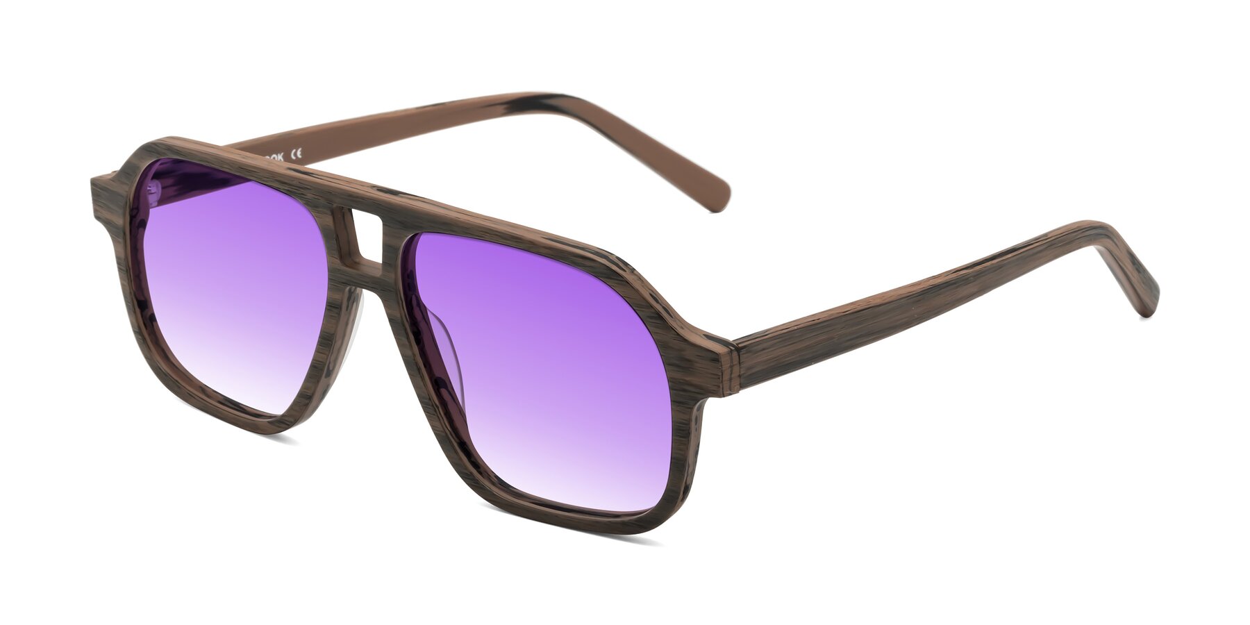 Angle of Edwood in Burnt Tan Woodgrain with Purple Gradient Lenses