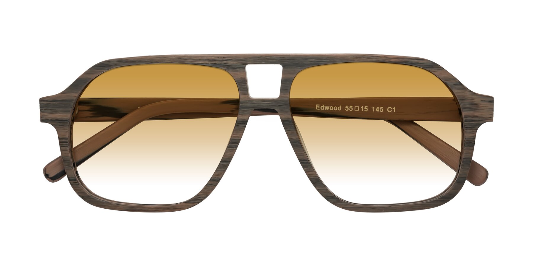 Folded Front of Edwood in Burnt Tan Woodgrain with Champagne Gradient Lenses