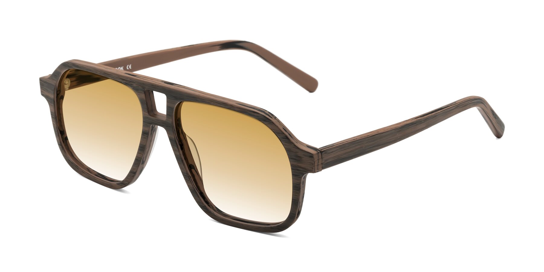 Angle of Edwood in Burnt Tan Woodgrain with Champagne Gradient Lenses