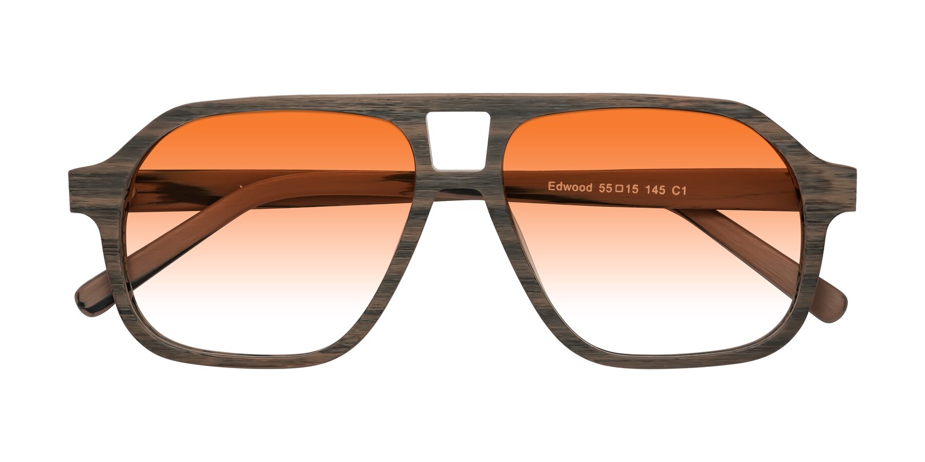 Folded Front of Edwood in Burnt Tan Woodgrain with Orange Gradient Lenses