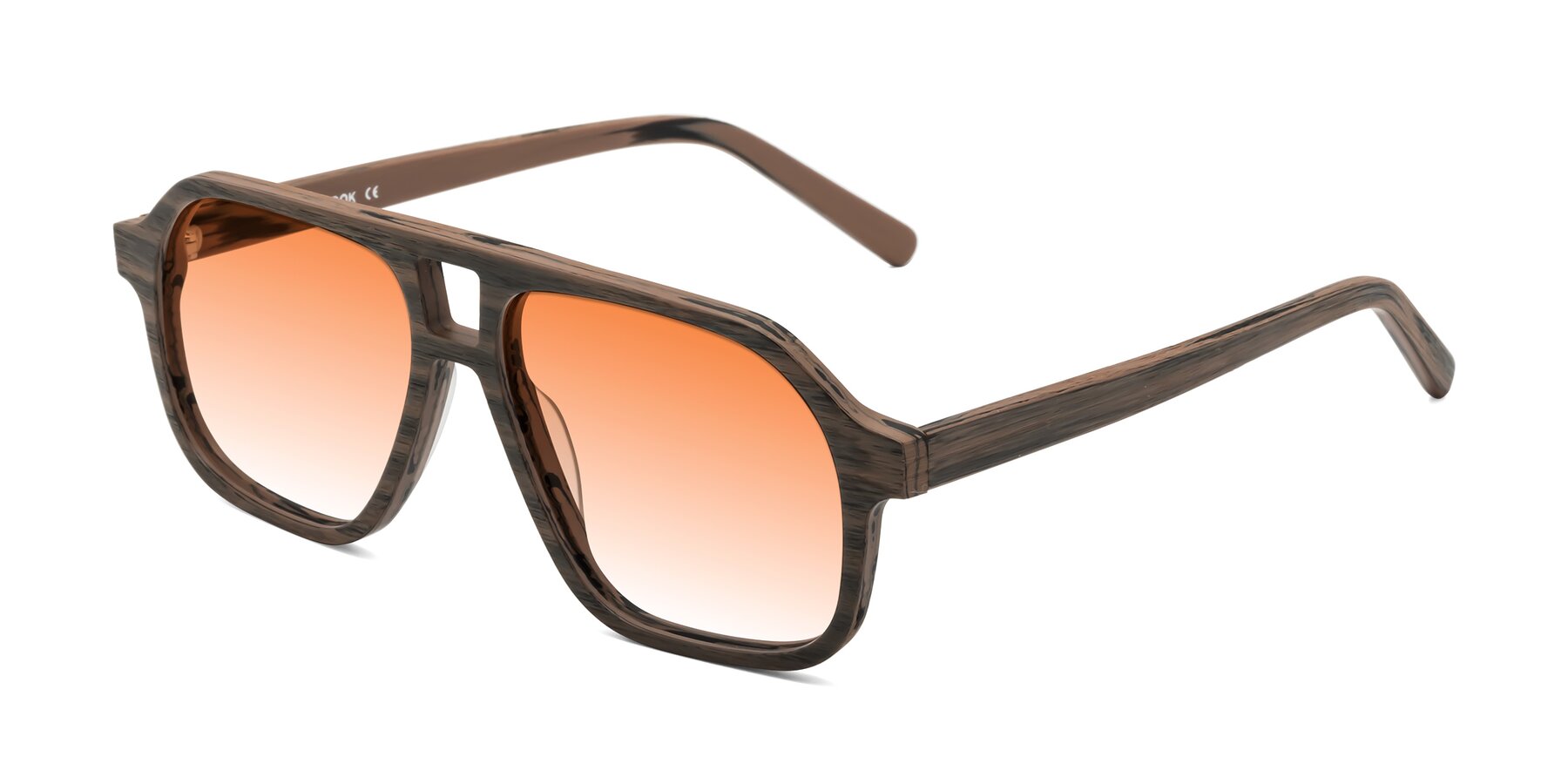 Angle of Edwood in Burnt Tan Woodgrain with Orange Gradient Lenses