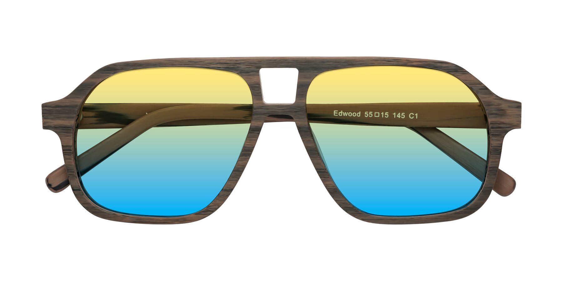 Folded Front of Edwood in Burnt Tan Woodgrain with Yellow / Blue Gradient Lenses