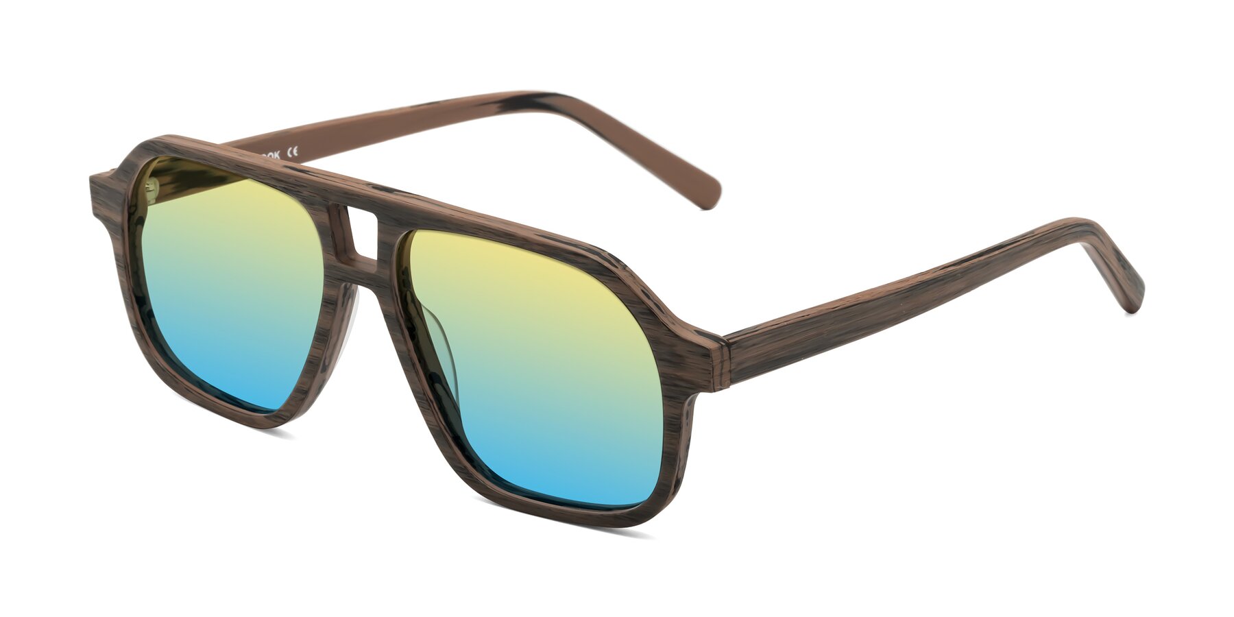 Angle of Edwood in Burnt Tan Woodgrain with Yellow / Blue Gradient Lenses