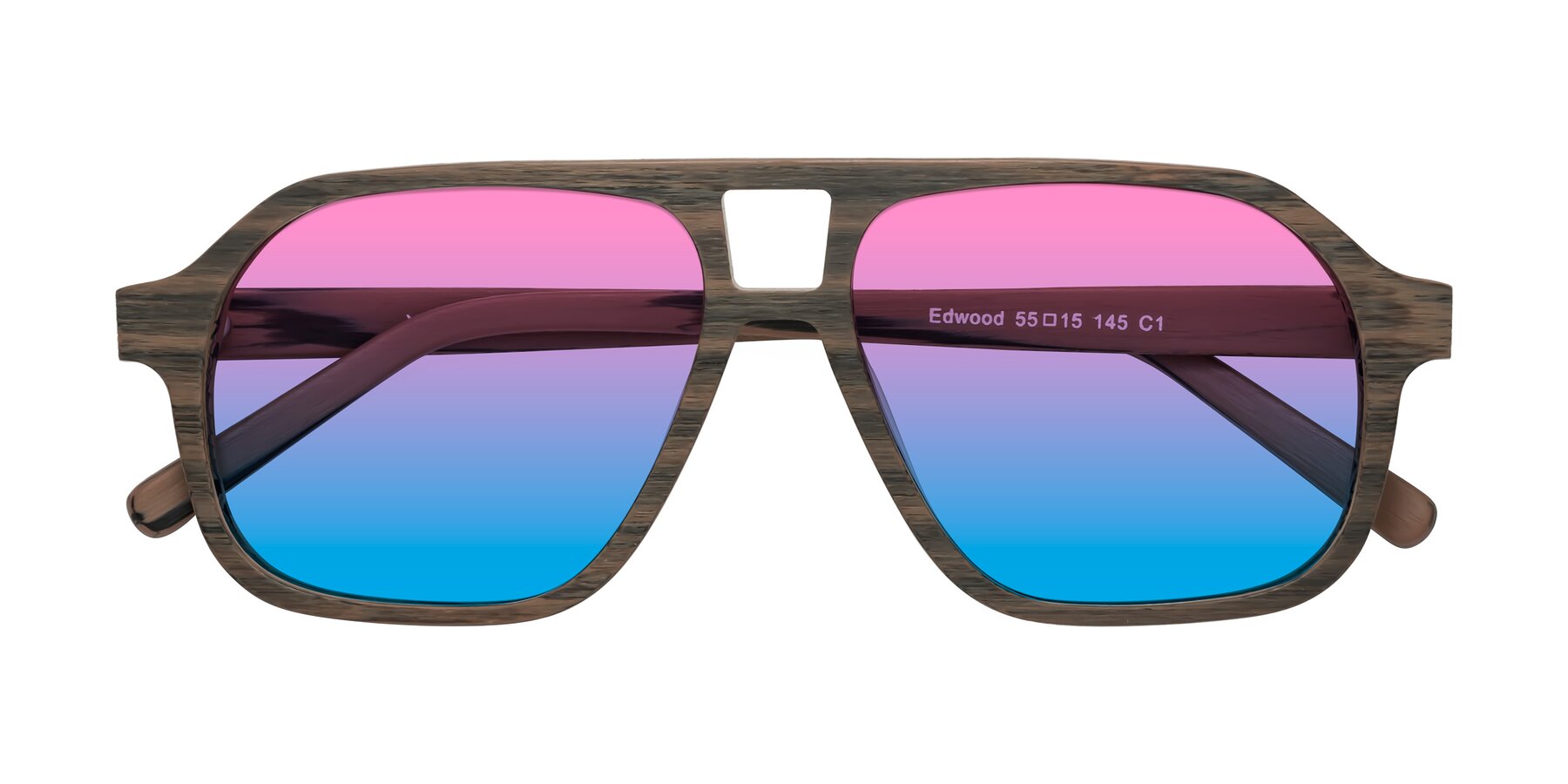 Folded Front of Edwood in Burnt Tan Woodgrain with Pink / Blue Gradient Lenses