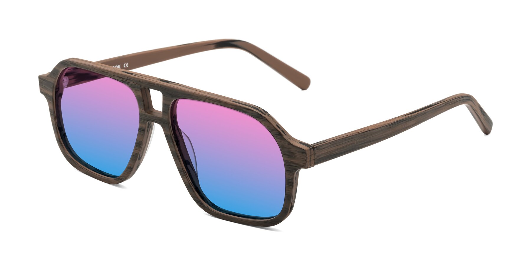 Angle of Edwood in Burnt Tan Woodgrain with Pink / Blue Gradient Lenses