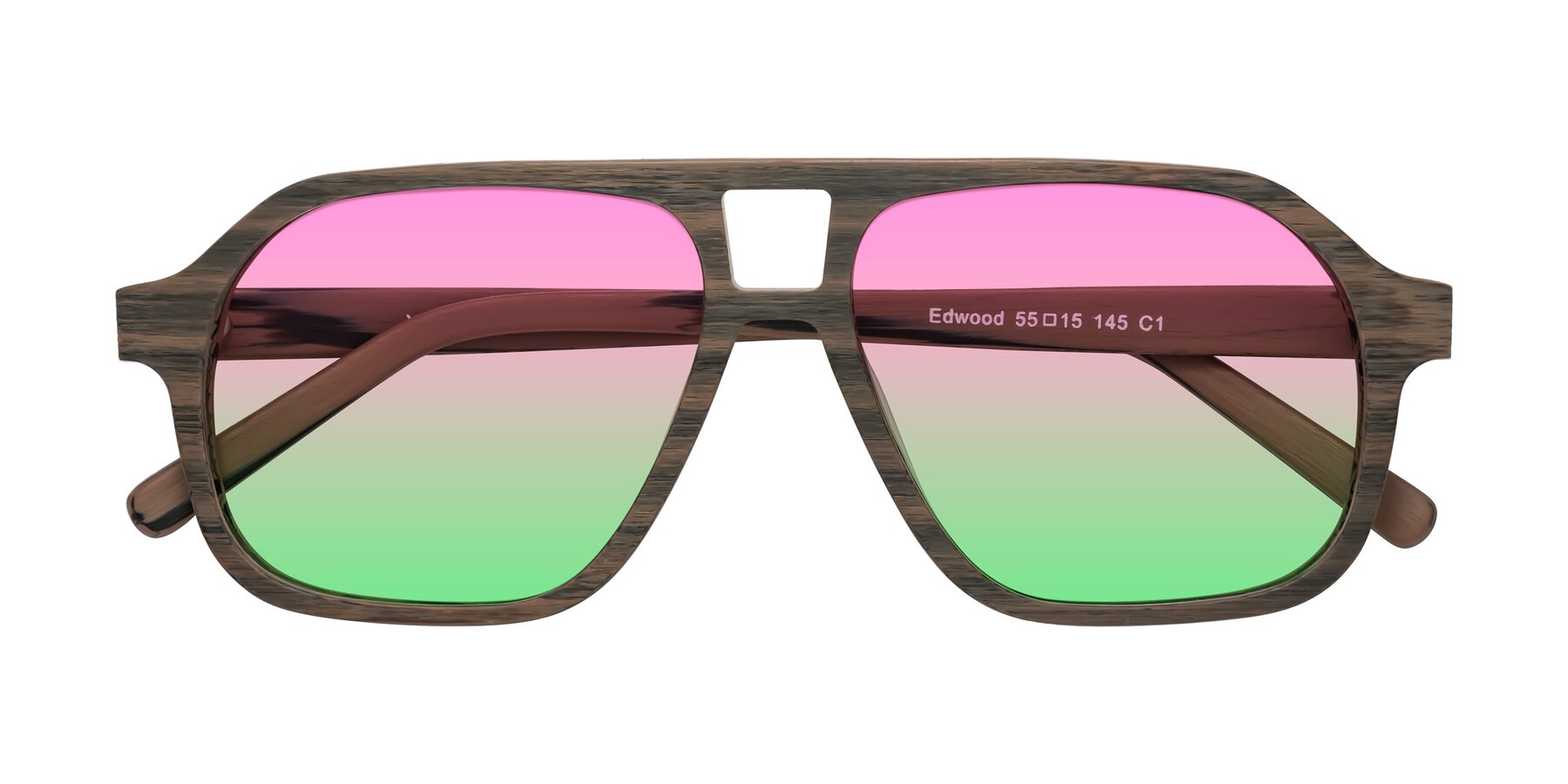 Folded Front of Edwood in Burnt Tan Woodgrain with Pink / Green Gradient Lenses