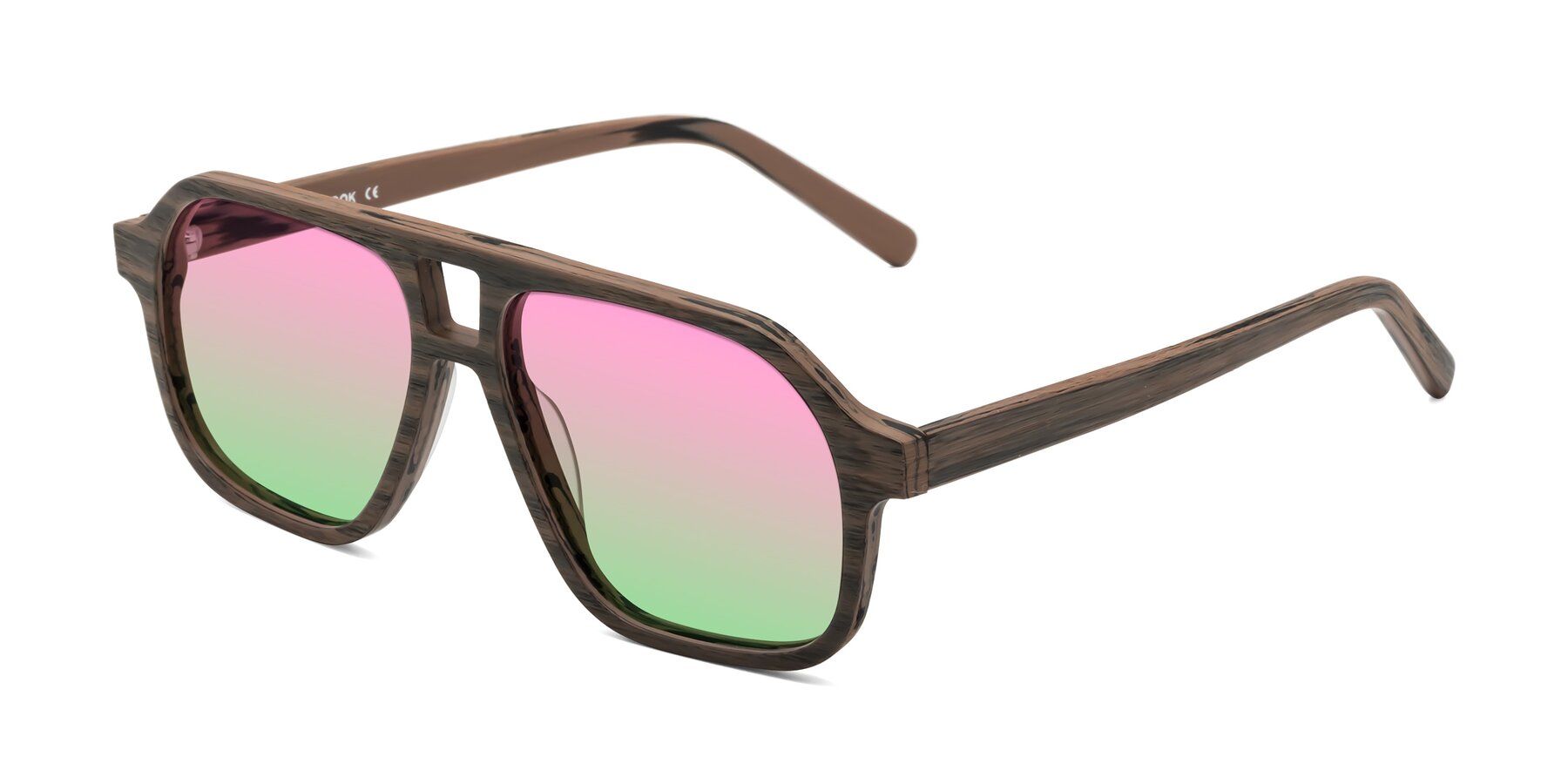 Angle of Edwood in Burnt Tan Woodgrain with Pink / Green Gradient Lenses