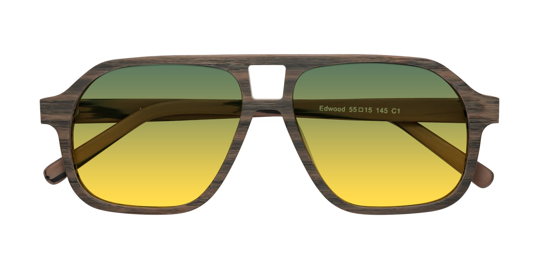 Folded Front of Edwood in Burnt Tan Woodgrain with Green / Yellow Gradient Lenses