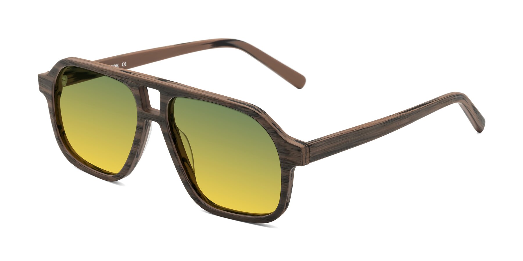 Angle of Edwood in Burnt Tan Woodgrain with Green / Yellow Gradient Lenses