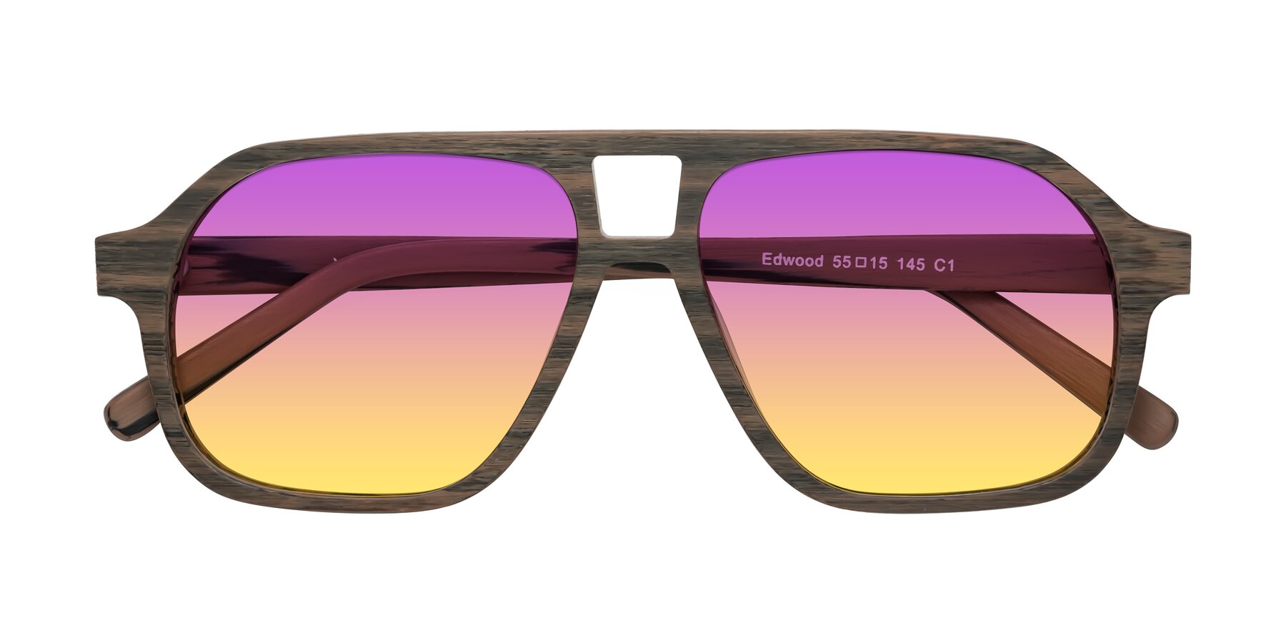 Folded Front of Edwood in Burnt Tan Woodgrain with Purple / Yellow Gradient Lenses