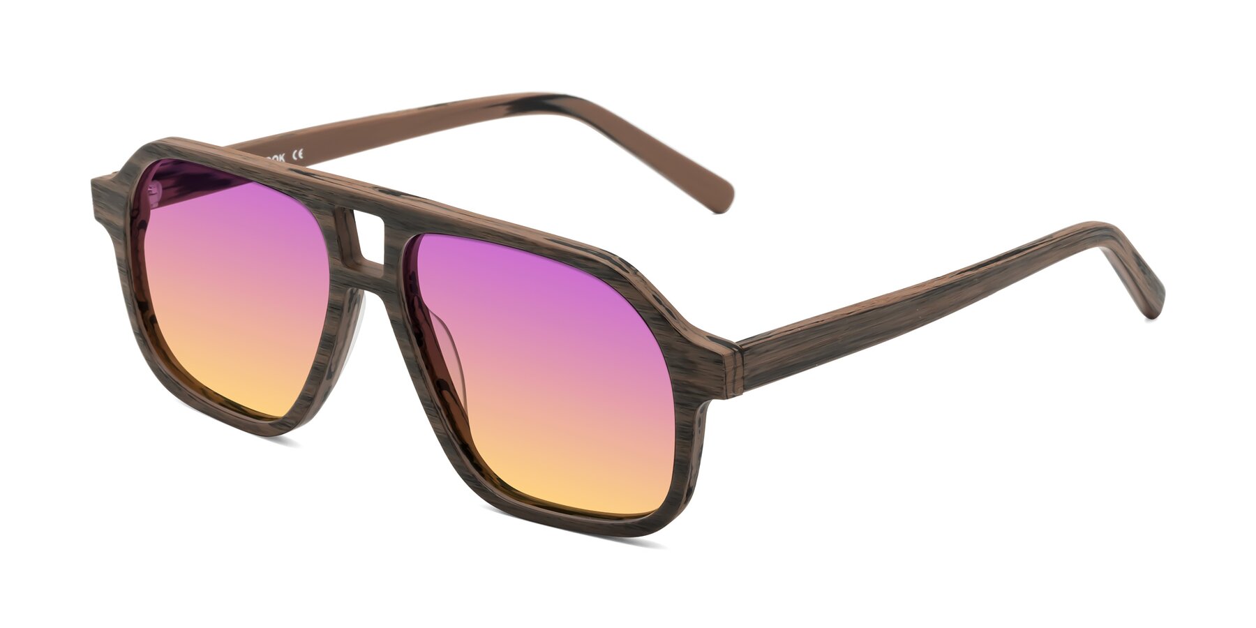 Angle of Edwood in Burnt Tan Woodgrain with Purple / Yellow Gradient Lenses